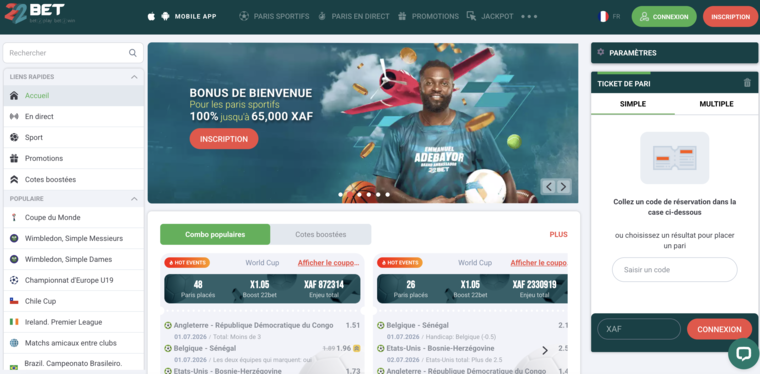 22bet Côte d'Ivoire, page d'accueil paris sportifs