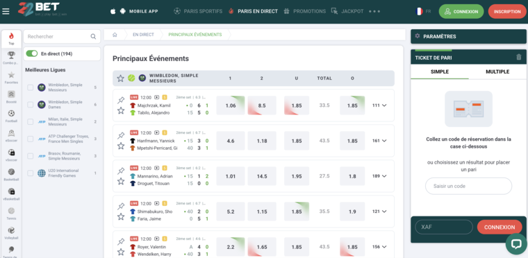 22bet Côte d'Ivoire, paris en direct (live)