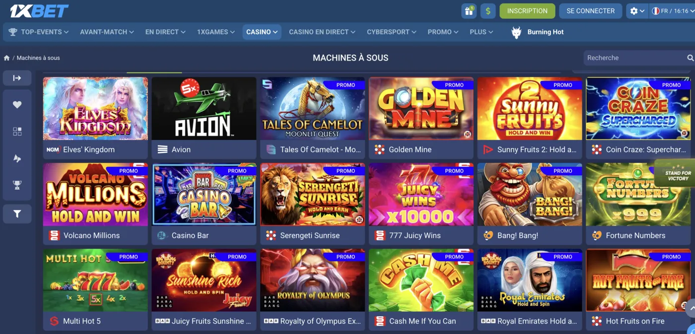 Le lobby casino de 1xBet vu depuis la Côte d'Ivoire