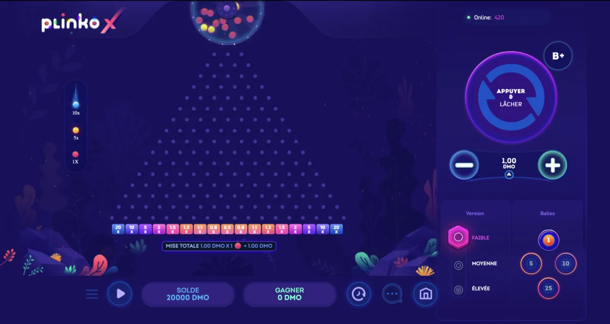 Plinko en mode démo : les billes dévalent la pyramide vers les cases multiplicatrices, solde fictif affiché